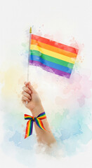 Fototapeta premium Hand holding a rainbow flag with a ribbon wristband, representing pride and diversity with watercolor splashes, symbolizing hope and acceptance