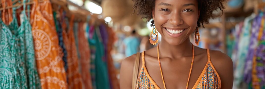 Ethnic woman is shopping for colorful sun dresses in the retail store display 
