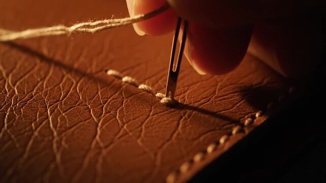 Extreme close-up of stitching on sustainable mushroom leather texture.