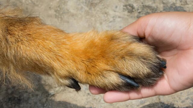 Close-up of dog paw in human hand for nail care or grooming concept, pet health and hygiene