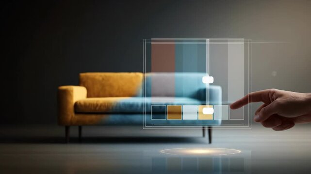 Designer changing color of couch using virtual touch interface. Man interacting with digital holographic software to customize home interior design and furniture.