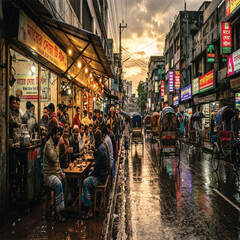 Obraz premium Rainy afternoon street in Bangladesh after rainfall, wet roads reflecting colorful lights, tea stalls with people 