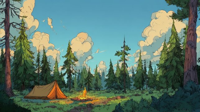 Illustrated camping scene with a tent and campfire in a serene pine forest under a blue sky