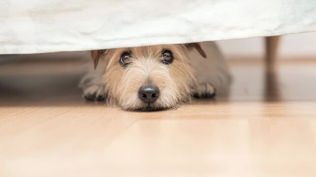 Adorable terrier puppy peeking from beneath the bed, looking up with big pleading eyes