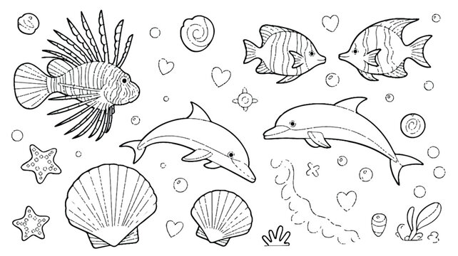 black and white drawing of sea creatures and ocean elements