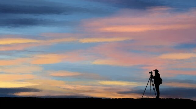 Silhouette of a Photographer with a Tripod Capturing a Vibrant Sunset Sky with Colorful Painterly Clouds
