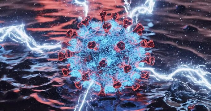 Vibrant depiction of a virus surrounded by electric energy in a dynamic water environment