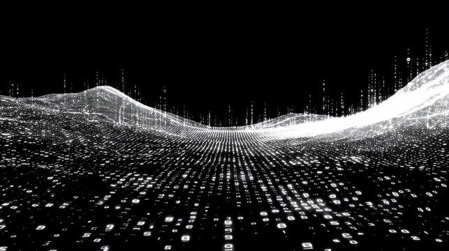 Futuristic digital landscape with glowing binary code and geometric shapes on black background