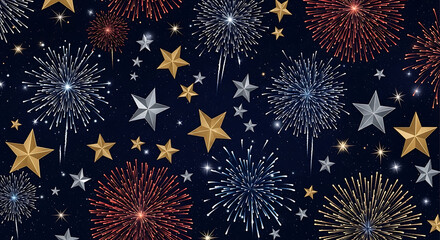 Fototapeta premium American Independence Day Fireworks Explosion with Festive Red White and Blue Celebration Colors, Colorful Fireworks Explosion Night Sky Background with Patriotic American Holiday Celebration Theme