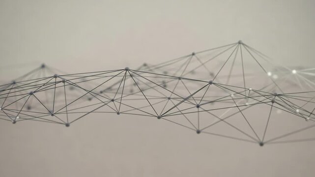 Connected glowing nodes forming abstract mesh in minimal style on soft beige background, concept of digital communication