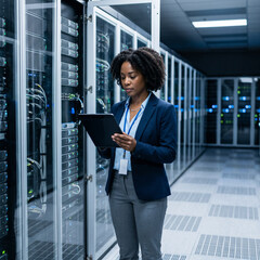 Fototapeta premium Professional African American female IT engineer monitoring server performance and data analytics on a digital tablet in a modern high-tech data center