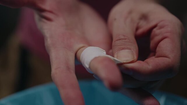Close-up hands removing adhesive bandage from wounded finger, revealing small cut that healing. Medical process shows self care and first aid for minor injury. Shooting in slow motion.
