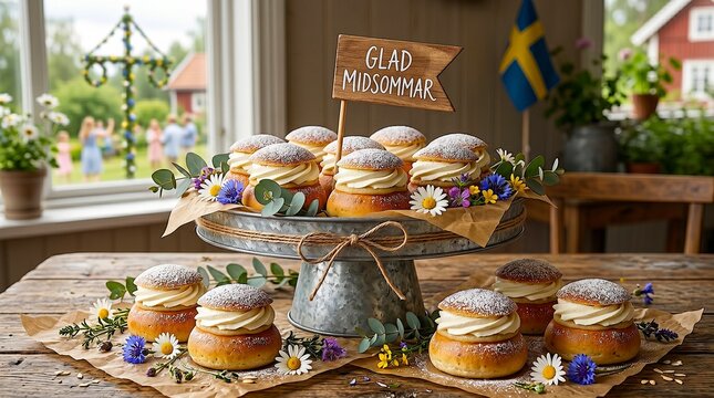 Traditional Swedish Midsummer scene with cream-filled buns arranged on a rustic cake stand, floral decorations, a midsummer pole and Swedish flag in the background 