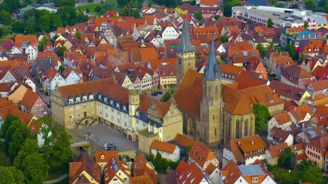A panoramic aerial view beside the city &Ouml;hringen in Baden-W&uuml;rttemberg in Germany on a sunny spring day
