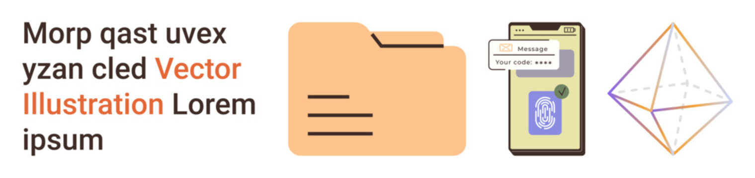 Technology, data security, digital files, mobile authentication, communication, abstract design. File folder, smartphone with QR code polygonal shape. Data security and digital files concept