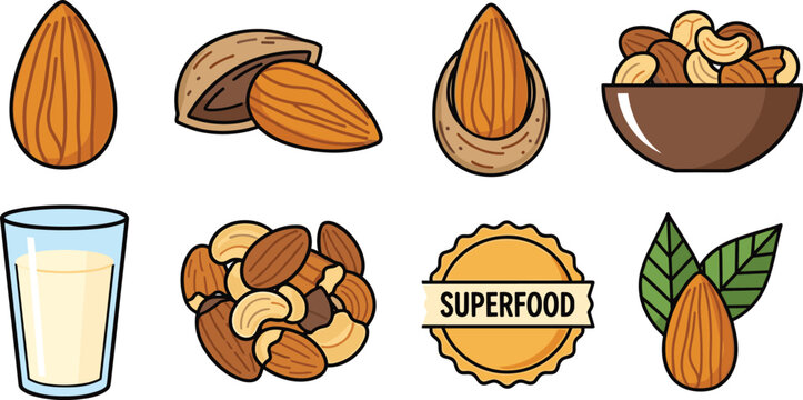 Healthy Nuts and Almond Milk Icon Set Featuring Raw Almonds in Shell Cashew Nuts Superfood Badge and Glass of Nut Milk for Vegan Organic and Superfood Nutrition Designs