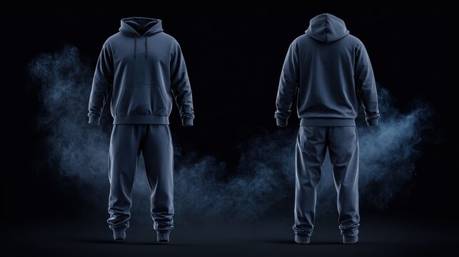 Front and back view of a dark blue hoodie and sweatpants mockup with smoke effect