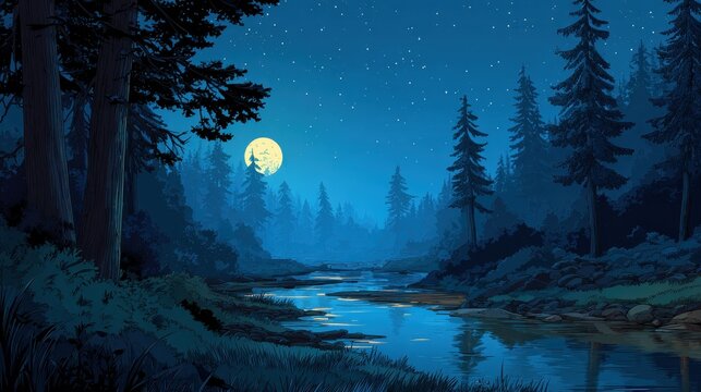 Serene night landscape illustration of a pine forest with a full moon reflecting in a calm river under a starry sky
