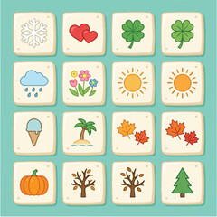 Fototapeta premium Collection of Seasonal and Weather-Themed Icons Featuring Nature and Holiday Elements.