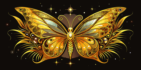 Fototapeta premium Ornate golden butterfly with intricate filigree details, vector