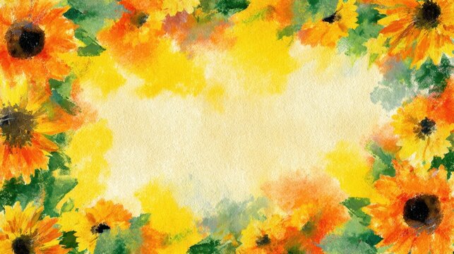 Vibrant watercolor border of sunflowers and green leaves on a textured light yellow background, with a central copy space.