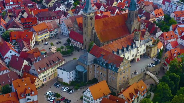 A panoramic aerial view beside the city &Ouml;hringen in Baden-W&uuml;rttemberg in Germany on a sunny spring day