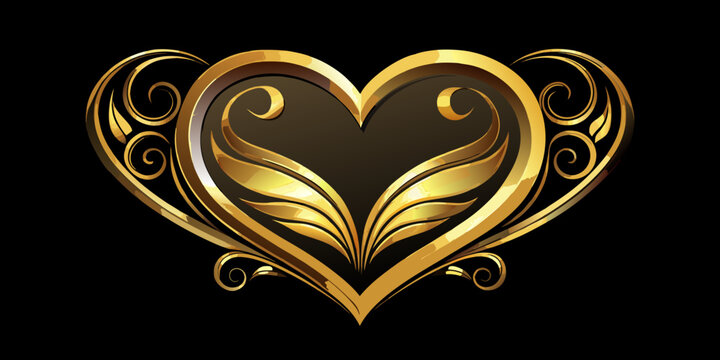 Elegant metallic gold heart with filigree wing details, vector