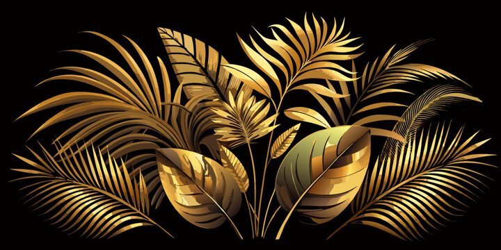 Golden luxury tropical leaves and exotic palm fronds, vector