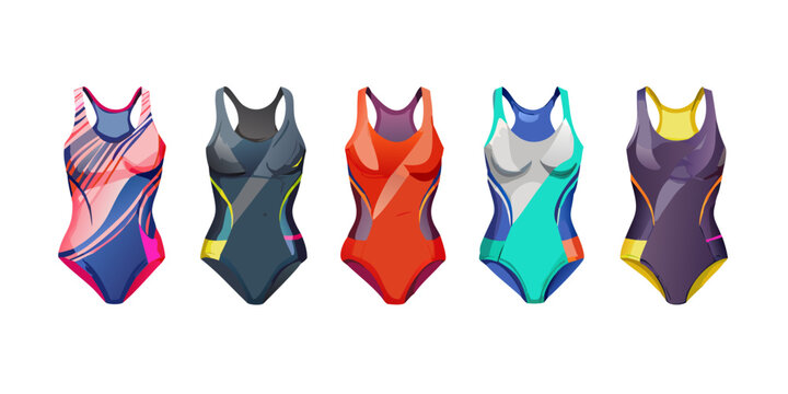 Collection of colorful women's one-piece athletic swimsuits, vector