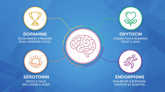 Happy hormones infographic showing dopamine serotonin oxytocin and endorphins