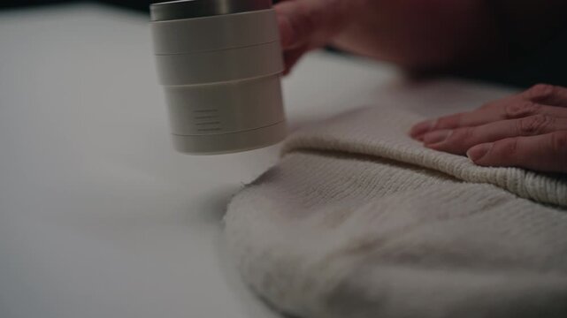 Closeup of unrecognizable person taking care of apparel using electric lint remover, removing fabric pills and fuzz from knit clothing, maintaining appearance and extending garment life, slow motion.