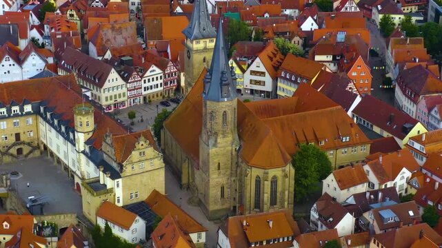 A panoramic aerial view beside the city &Ouml;hringen in Baden-W&uuml;rttemberg in Germany on a sunny spring day