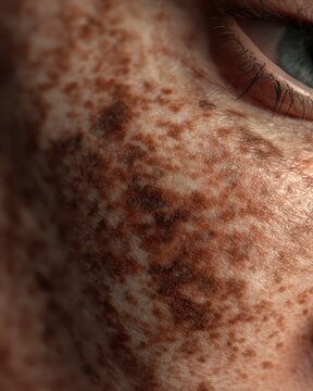 Extreme macro close-up of human skin with dense freckles and pigmentation around the eye area showing detailed texture and eyelashes
