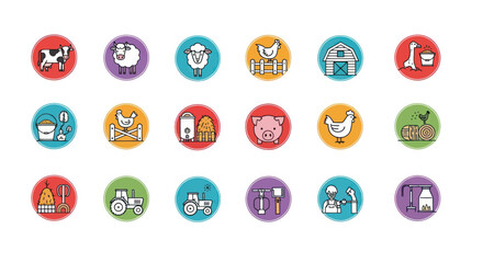 Farm Icons Set: Livestock, Crops, Tools, Tractor, Barn - Vector Graphics © Yyrwe
