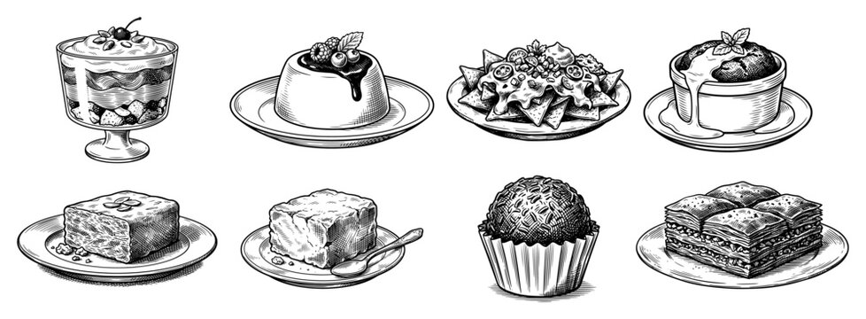 Desserts and pastries collection featuring pudding brownie baklava and chocolate treats in hand drawn engraving style