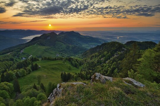 Sunrise on the Weissenstein, view over the Jura mountains and the Swiss Plateau, Canton Solothurn, Switzerland