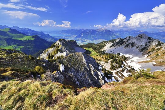 View from Pointe de Bellevue over the Rhone Valley and Lake Geneva, Monthey, Canton of Valais, Switzerland