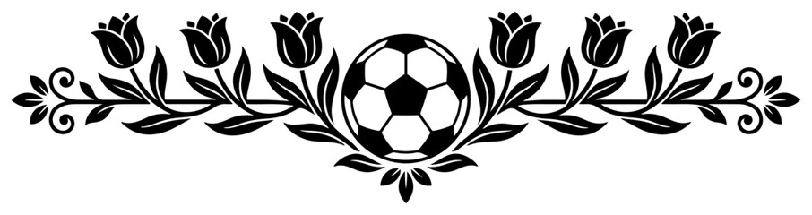 Fototapeta premium Soccer ball framed by symmetrical floral ornament with tulips in elegant decorative style