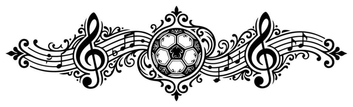 Soccer ball with treble clefs and musical notes in ornate decorative swirl style