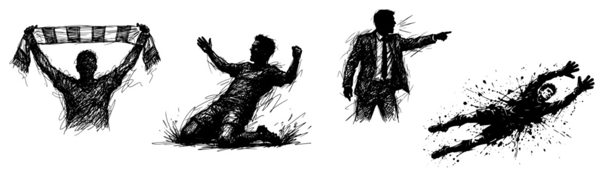 Soccer players and manager silhouettes with goalkeeper diving in sketchy ink style