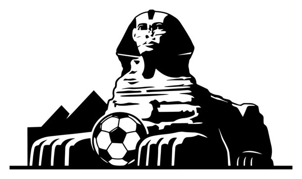 Sphinx of Giza with soccer ball and pyramids in minimalist silhouette style