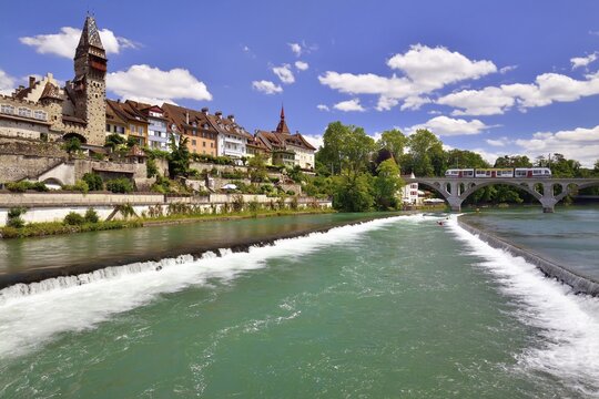 Bremgarten on the Reuss River, Reussbr&uuml;cke bridge with railway at the back, Bremgarten, Canton of Aargau, Switzerland