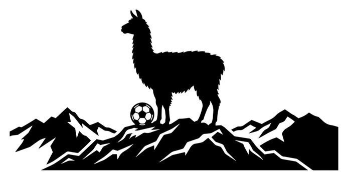 Llama silhouette standing on mountain peak with soccer ball in clean graphic style