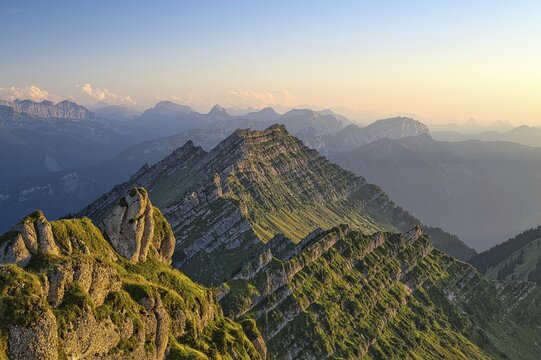 View from Europe's highest Nagelfluhberg Speer, Mount Federispitz with Central Swiss Alps in the evening light, Canton St. Gallen, Switzerland