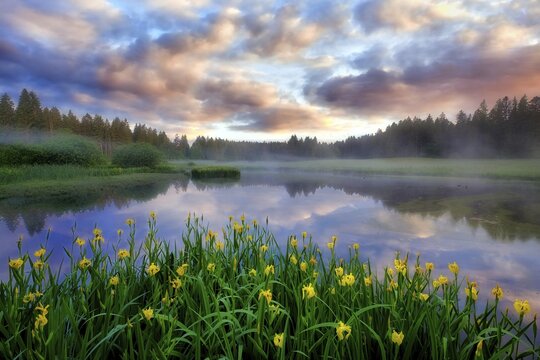 Raised bog wax thorn moss with marsh irises (Iris pseudacorus), Emmental, Canton Bern, Switzerland