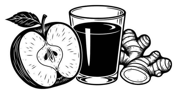 Apple half with ginger root and glass of juice in vintage woodcut style