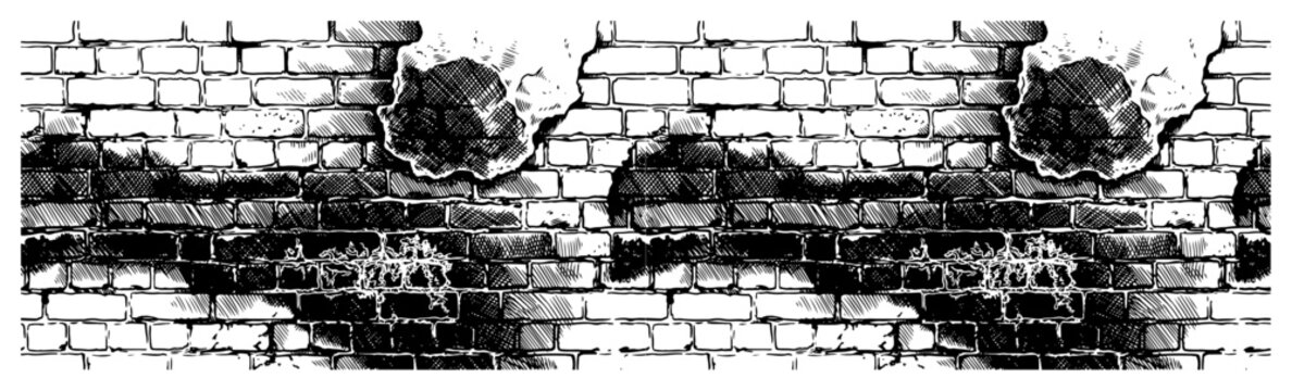 Brick wall panorama with damaged plaster and distressed urban decay texture