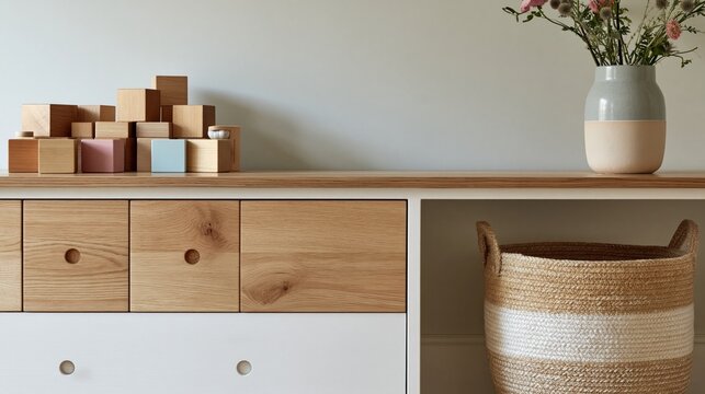 Wooden blocks and a woven hamper sit on a dresser in a child's room.
