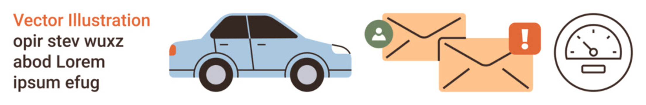 Transportation services, email notifications, alerts, safety monitoring, communication technology, speed limits. Blue car, envelopes with alert icons speedometer graphic. Transportation services