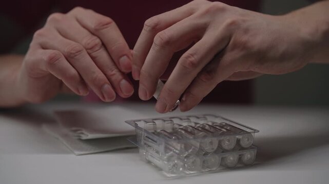 Medical worker hands taking glass ampoule from plastic packaging and safely breaking neck using paper towel to prepare dose of liquid medicine for patient treatment, close-up. Shooting in slow motion.